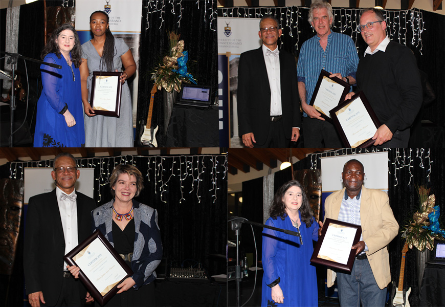 Mbazima Shivuri with Professor Ruksana Osman, Beverley Manus Professor Ruksana Osman, Dr Alex van den Heever and Murray Cairns with Professor Andrew Crouch and Dr Petro Jansen van Vuuren with Professor Andrew Crouch